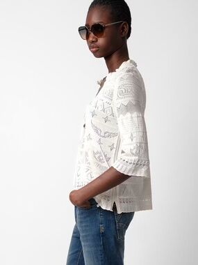 Zadig & Voltaire Taho Jumper Sweater Size Large Ecru Lace Cotton 3/4 Sleeves (S)